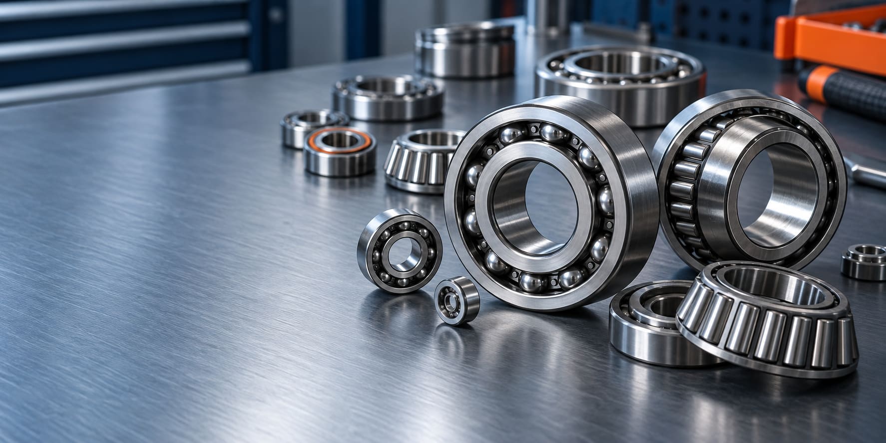 Precision ball and roller bearings on a steel workbench